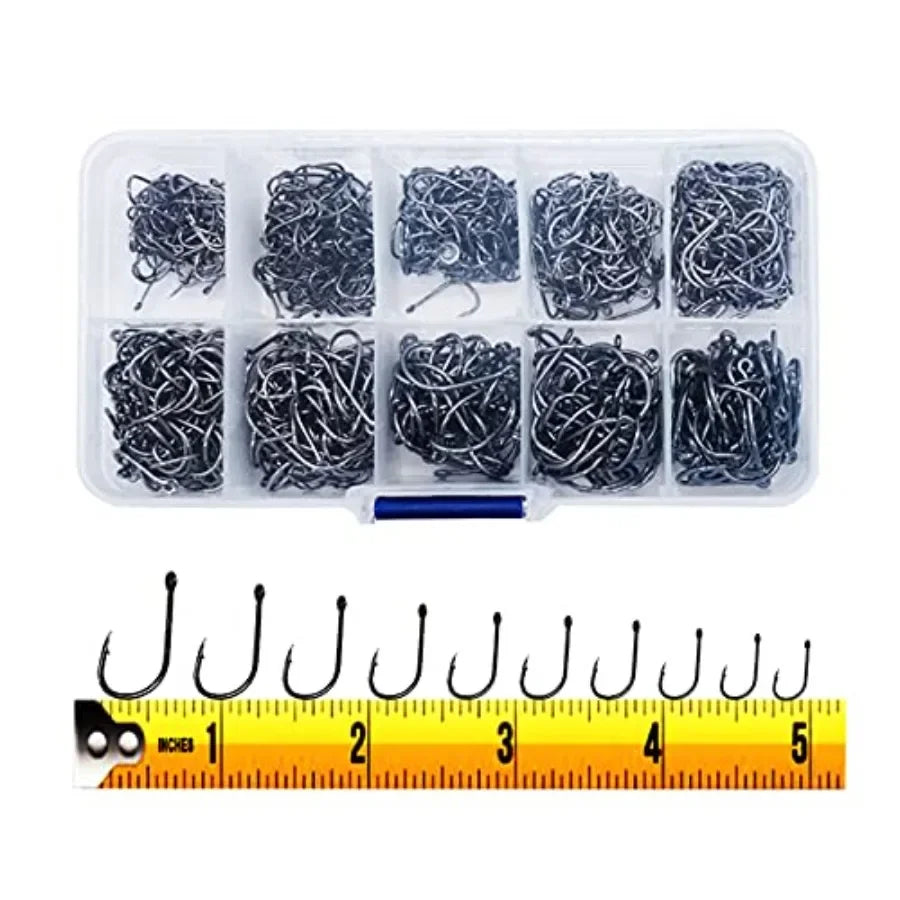 300PCS Small HighCarbon Steel Barbed Fishing Hooks , 10 Different Specifications, Compact Portable Boxed Set