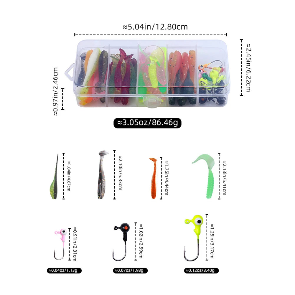 40pcs Soft Fishing Lures Kit with 10pcs Jig Head Hook Soft Bait T Tail Worm -for Carp, Pike, Zander, Bass, Trout, Walleye