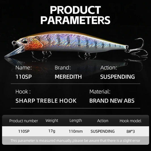MEREDITH 110SP 17g Suspending Minnow Fishing Lures Saltwater Freshwater Long Casting, Jerkbait