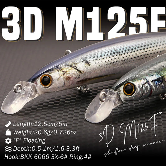 B&U Long Casting Floating Minnow- 3D Lifelike Hard Bait with Treble Hooks, Saltwater/Freshwater for Bass, Sea Bass, Pike, Walleye, Salmon/Trout and All PREDATORS
