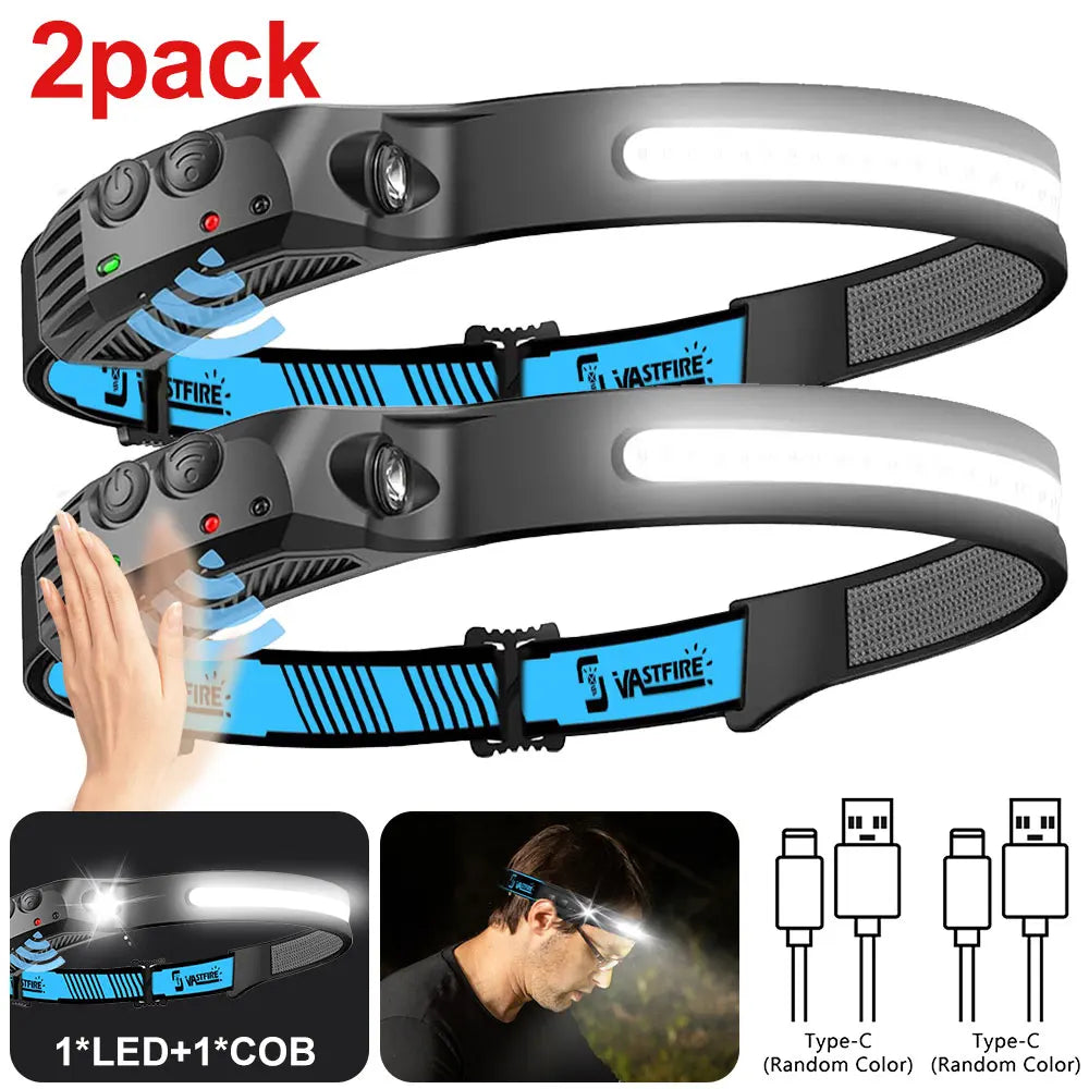 2pcs usb rechargeable head flashlight- super bright led with motion sensor for camping, running, fishing etc.