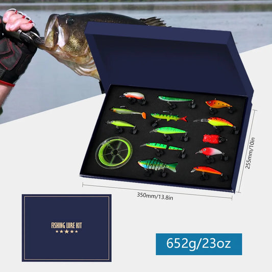 14-Piece Fishing Lure Set Gift Box, Holiday Fishing Tackle Kit with Fishing Line & Multi-Joint Pencil Lures for Anglers