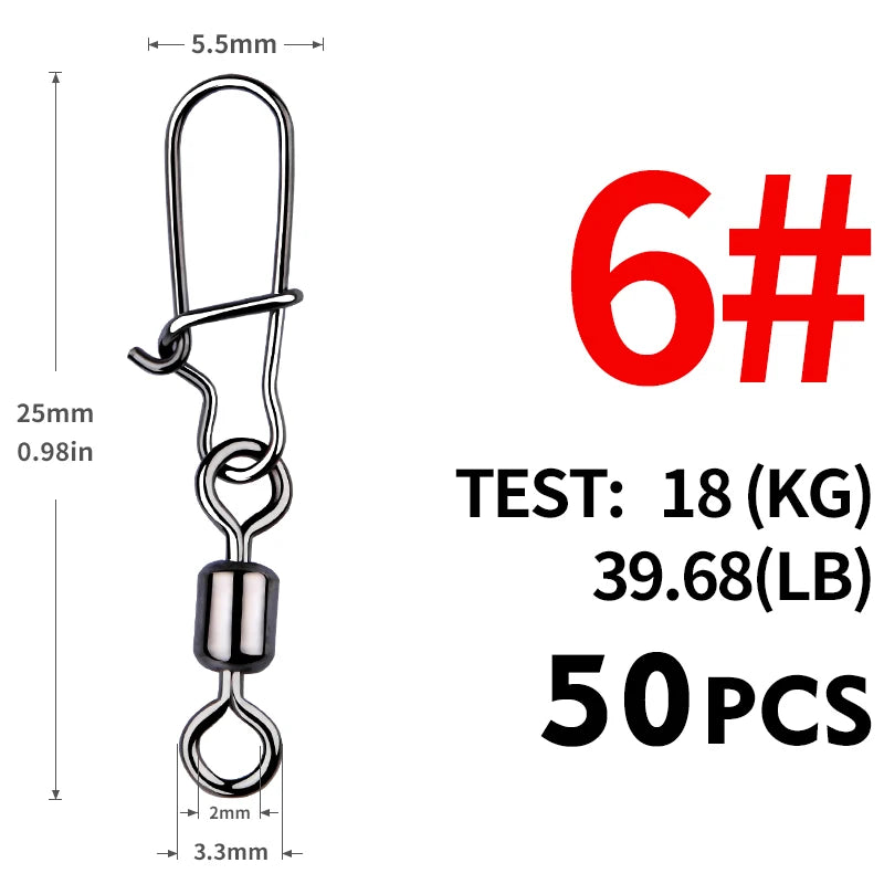 MEREDITH Fishing Connector 50PCS/Lot 2# 4# 6# 8# 10# Bearing Swivel, Stainless Steel With Snap