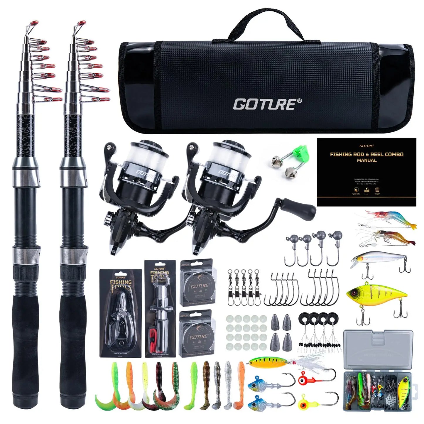 Goture 2.1M/2.7M Telescopic Fishing Rod and Spinning Reel Combo, Full Tackle Set with Lures & Carry Bag, Good for Beginner To Pro