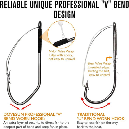 Dovesun Weedless, Wacky Rig Hooks 30PCS Professional V Bass Fishing Hooks for Freshwater Saltwater