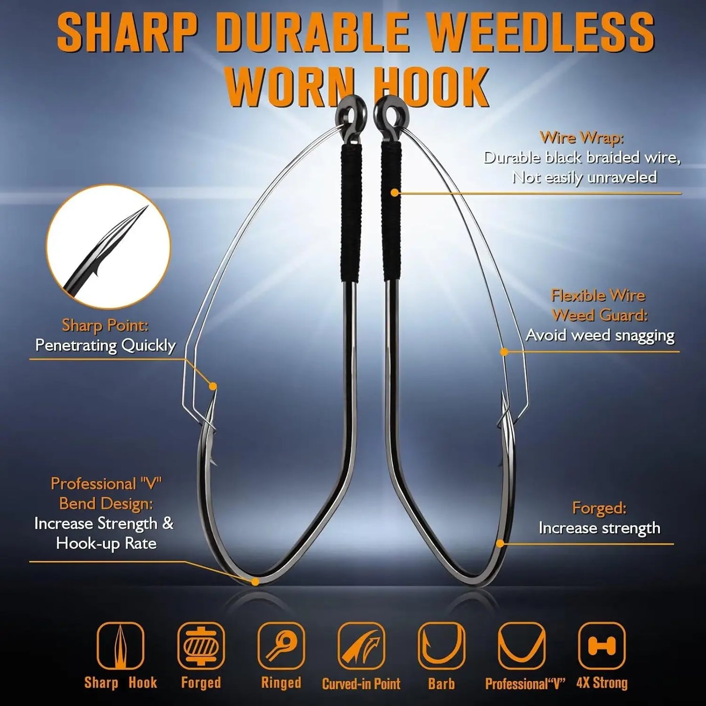 Dovesun Weedless, Wacky Rig Hooks 30PCS Professional V Bass Fishing Hooks for Freshwater Saltwater