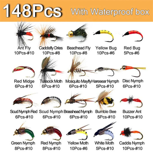 40-148Pieces/Box Trout Fly Fishing Assorted Flies Kit Nymph Dry Wet Flies- Fishing Fly