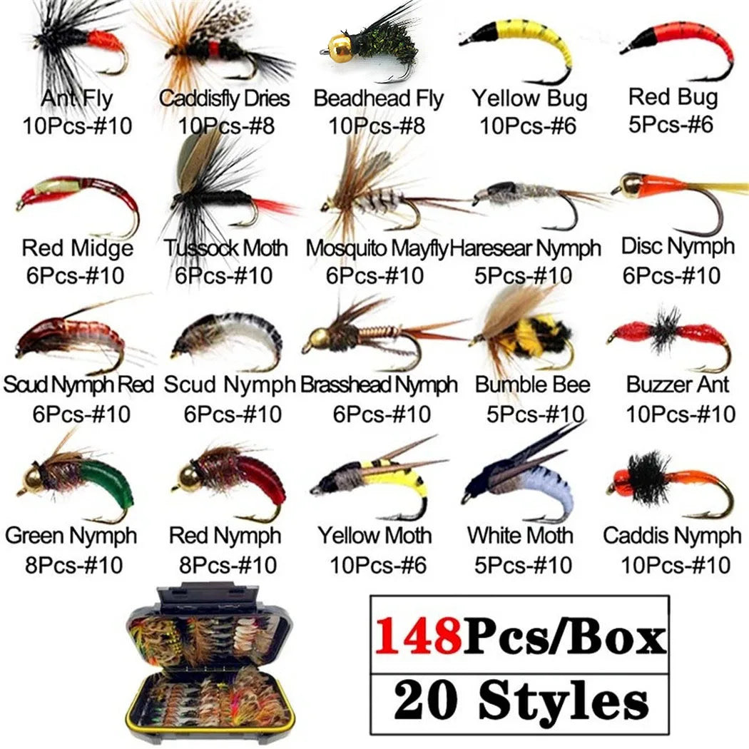 40-148Pieces/Box Trout Fly Fishing Assorted Flies Kit Nymph Dry Wet Flies- Fishing Fly