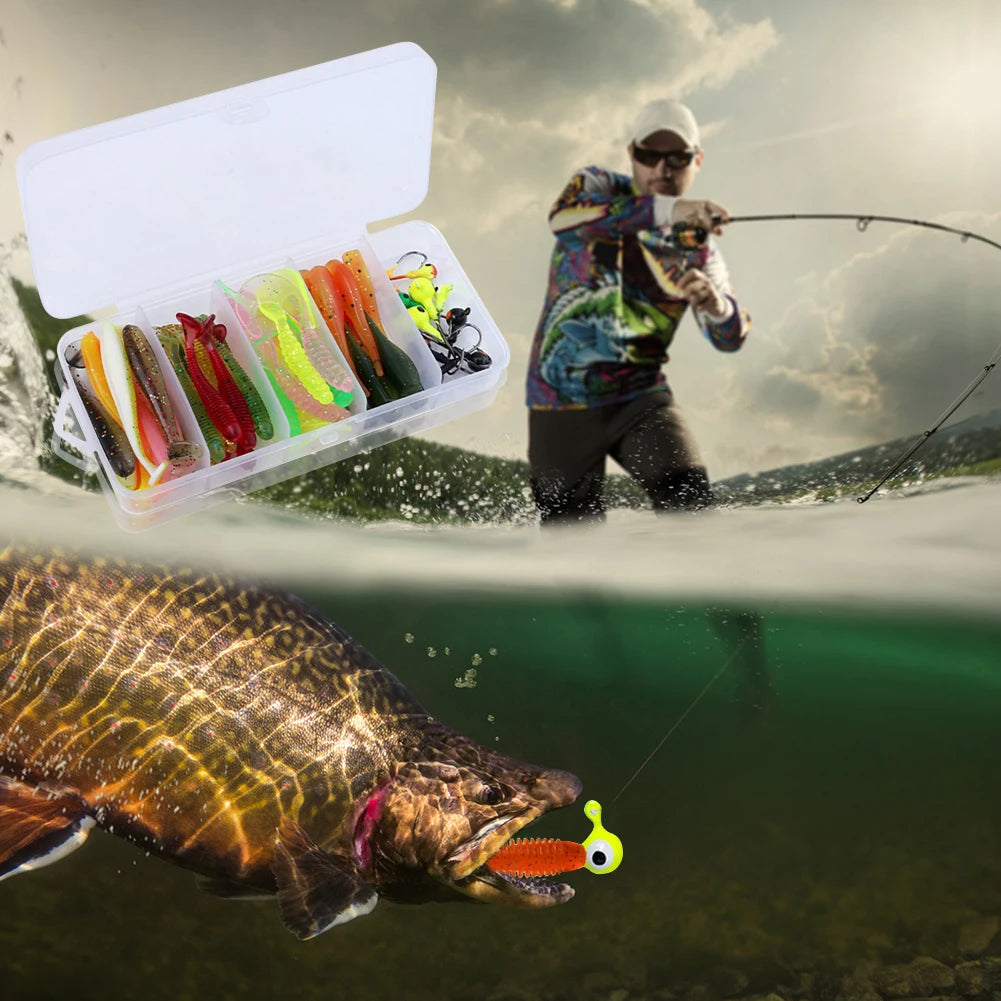 40pcs Soft Fishing Lures Kit with 10pcs Jig Head Hook Soft Bait T Tail Worm -for Carp, Pike, Zander, Bass, Trout, Walleye