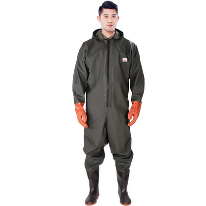 Men's Hooded Long Sleeve Wader- Waterproof Overalls, Pants With Boots, Gloves Set- Adult/ Outdoor Fishing, Hunting- River Tracking Gear