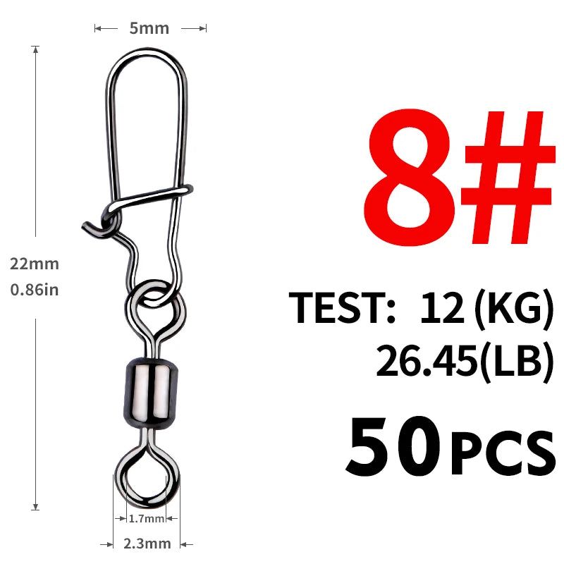 MEREDITH Fishing Connector 50PCS/Lot 2# 4# 6# 8# 10#  Bearing  Swivel, Stainless Steel With Snap