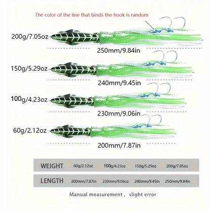 60g、100g、150g、200g Skirted SQUID Lure – Slow Pitch, Jigging/Trolling Lure for Saltwater/Deep Sea Fishing
ALL BILLFISH, MAHI/DORADO, KINGFISH, TUNA, WAHOO, SALMON, STRIPERS...PELAGIC SPECIES