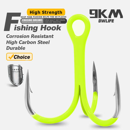 9KM 10Pcs Triple Hook Treble Hooks 2X Strong for Salt or Freshwater Applications, Fluorescent Green Ultra Violet (UV)