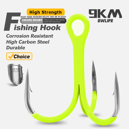 9KM 10Pcs Triple Hook Treble Hooks 2X Strong for Salt or Freshwater Applications, Fluorescent Green Ultra Violet (UV)