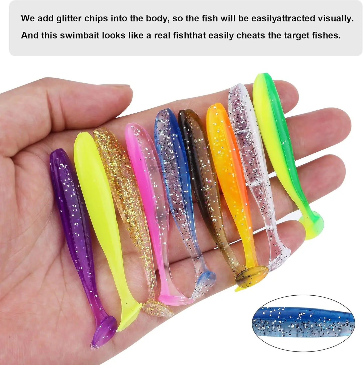 Soft Fishing Lures Kit: 90pcs Plastic Baits with 5 Fishhooks, Paddle Tail Swimbaits- for Bass, Trout, Walleye, Crappie