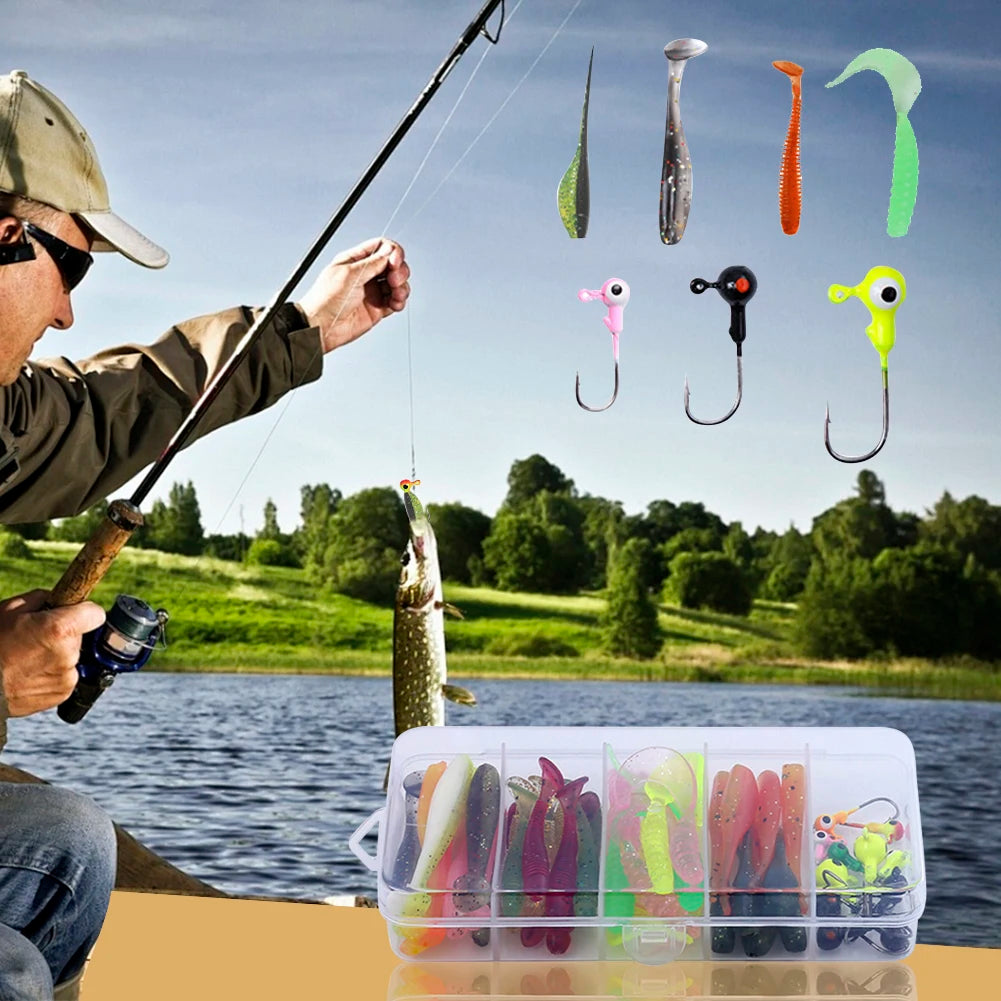 40pcs Soft Fishing Lures Kit with 10pcs Jig Head Hook Soft Bait T Tail Worm -for Carp, Pike, Zander, Bass, Trout, Walleye