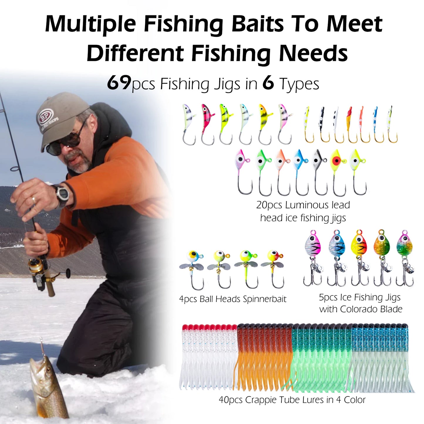 Goture 40pcs/set Ice Fishing Spoon Set, Bionic Metal Jigs, Hard Baits, Spinner Jigs, Saltwater/ Freshwater Fishing Tackle