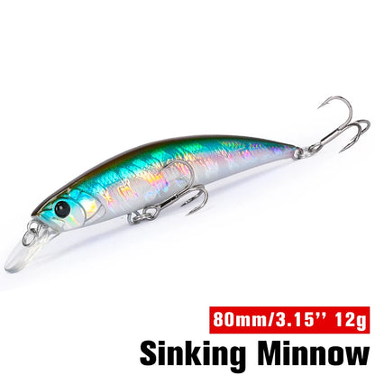 TSURINOYA 80S 12g Sinking Minnow Fishing Lure DW96 8cm Large Trout Pike Rockfish Hard Bait Jerkbait Freshwater Saltwater Wobbler