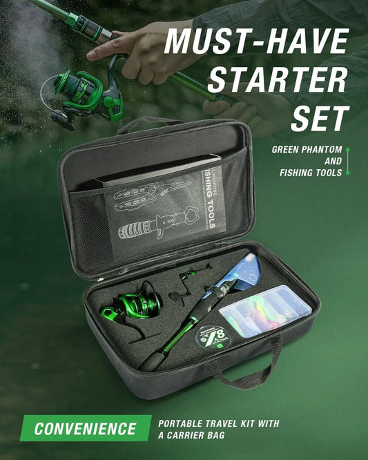 Fishing Rod and Reel Combo, Graphite Telescoping Fishing Pole, Collapsible Portable Travel Kit with Carrier Bag