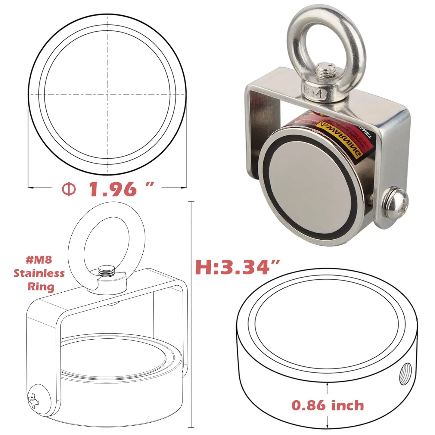 Rotatable TWO side Fishing Magnet Set140KG, 180KG, 300KG,  Heavy Duty Neodymium Rare Earth Swivel Magnet with 65Ft Cord