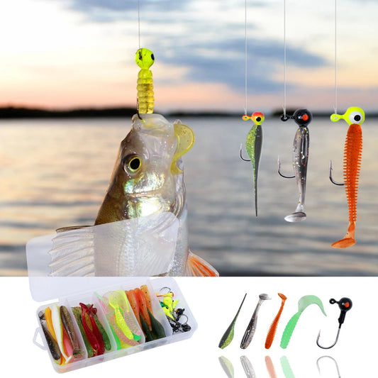 40pcs Soft Fishing Lures Kit with 10pcs Jig Head Hook Soft Bait T Tail Worm -for Carp, Pike, Zander, Bass, Trout, Walleye