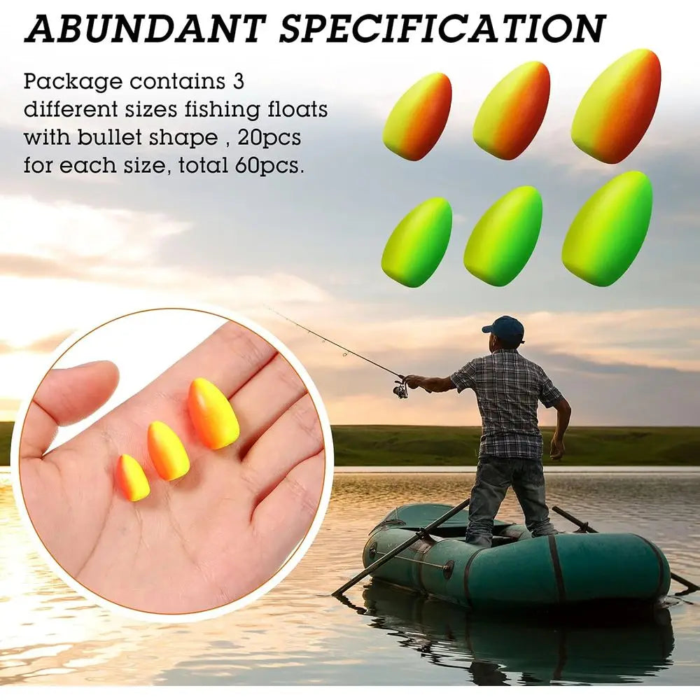 60 Pack Foam Bullet Snell Floats for Fishing - Ideal for Pompano, Trout, Catfish & Walleye