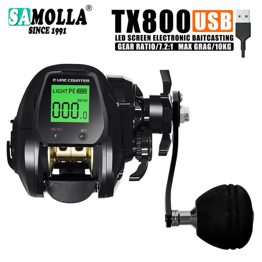 SAMOLLA Baitcasting Fishing Reel, Electronic Big Led Screen- High Speed 7.2:1 10kg Saltwater-Waterproof
