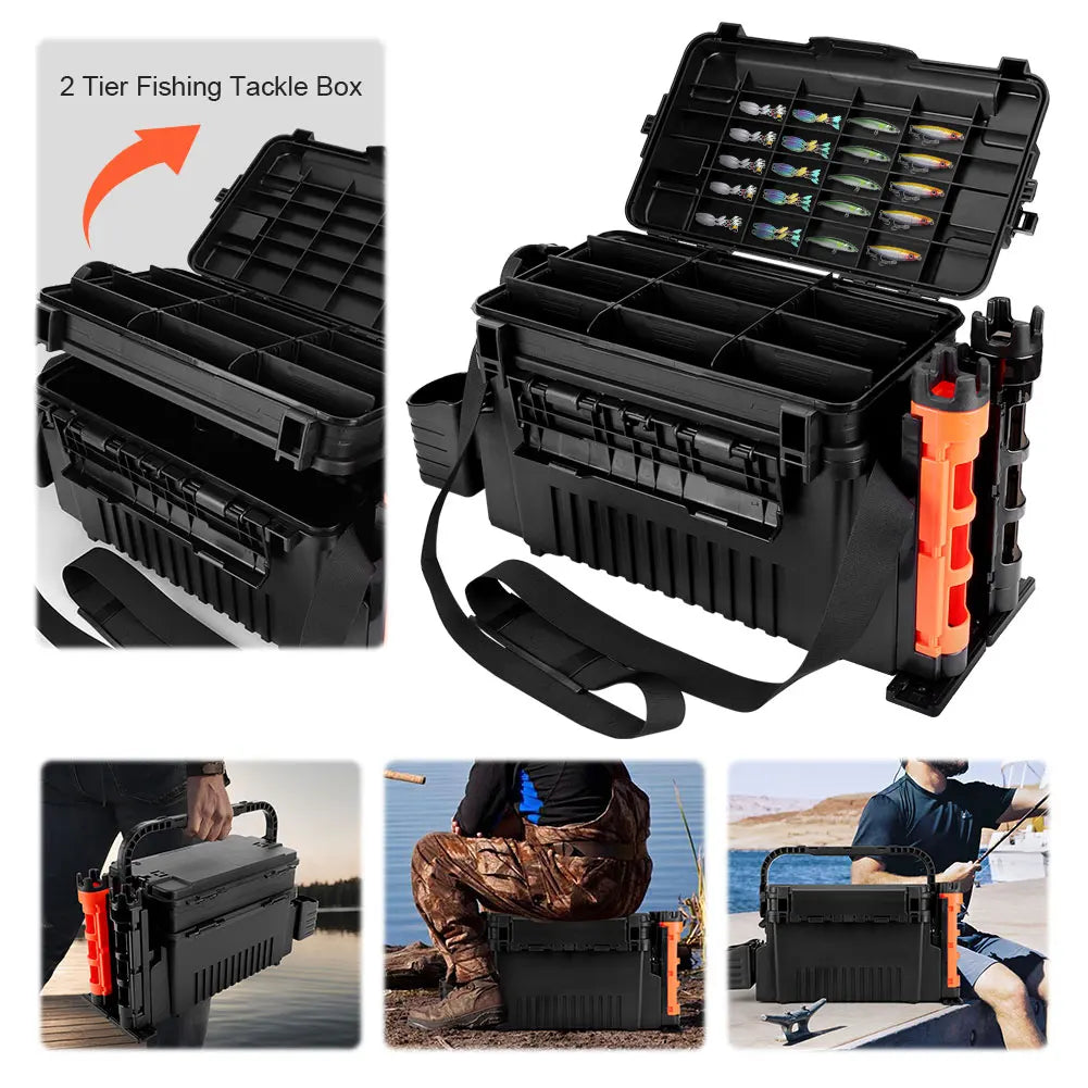 2 Tier Fishing Tackle Box with Cup & Rod Holder