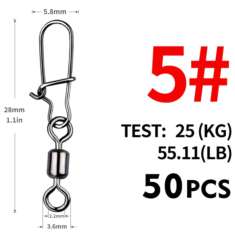 MEREDITH Fishing Connector 50PCS/Lot 2# 4# 6# 8# 10#  Bearing  Swivel, Stainless Steel With Snap