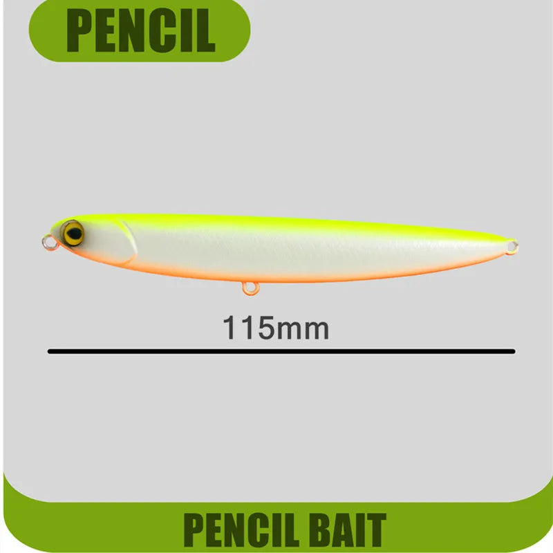 GREENSPIDER New Pencil Stick-bait - 115mm/13.5g 
TOPWATER ACTION for BASS, PIKE, MUSKY, STRIPERS, CATFISH, REDFISH, TARPON, SNOOK & other PREDATORS