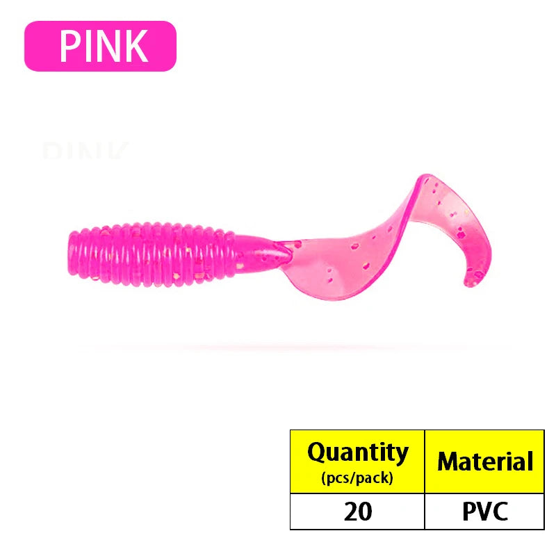 20PCS Silicone Grub 35mm 50mm 60mm 70mm Soft Lure Single Curly Tail Worm-- Bass, Carp, Trout, Walleye, Pike, and all predators