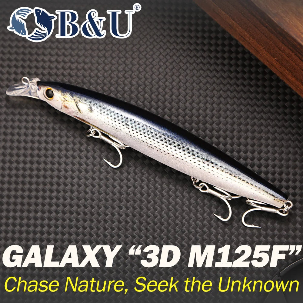 B&U Long Casting Floating Minnow- 3D Lifelike Hard Bait with Treble Hooks, Saltwater/Freshwater for Bass, Sea Bass, Pike, Walleye, Salmon/Trout and All PREDATORS