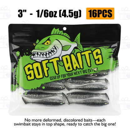 Paddle Tail Swimbaits 10/16/20PCS- for Trout, Crappie, Walleye, Bass Fishing (Black)