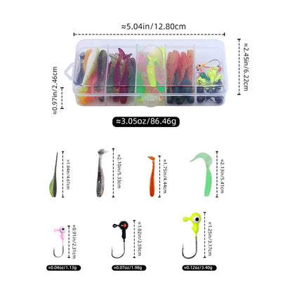 40pcs Soft Fishing Lures Kit with 10pcs Jig Head Hook Soft Bait T Tail Worm -for Carp, Pike, Zander, Bass, Trout, Walleye