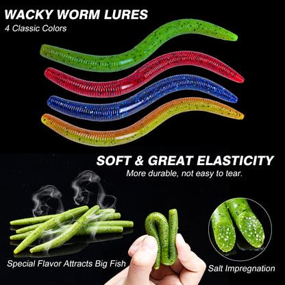 Goture 72pcs/143pcs Soft Lure Set 4in/5in High Quality, Senko-style Worm, High-carbon Hooks , Tackle Box