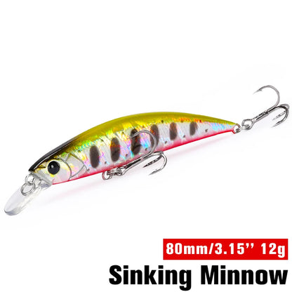 TSURINOYA 80S 12g Sinking Minnow Fishing Lure DW96 8cm Large Trout Pike Rockfish Hard Bait Jerkbait Freshwater Saltwater Wobbler