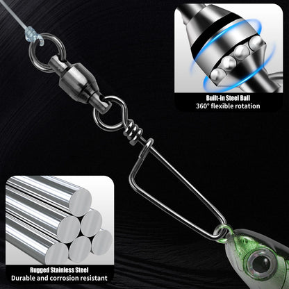 FishTrip Fishing Snap Swivels, Ball Bearing Swivels with Stainless Steel Coastlock Snap- Corrosion Resistant Black Nickel Coating