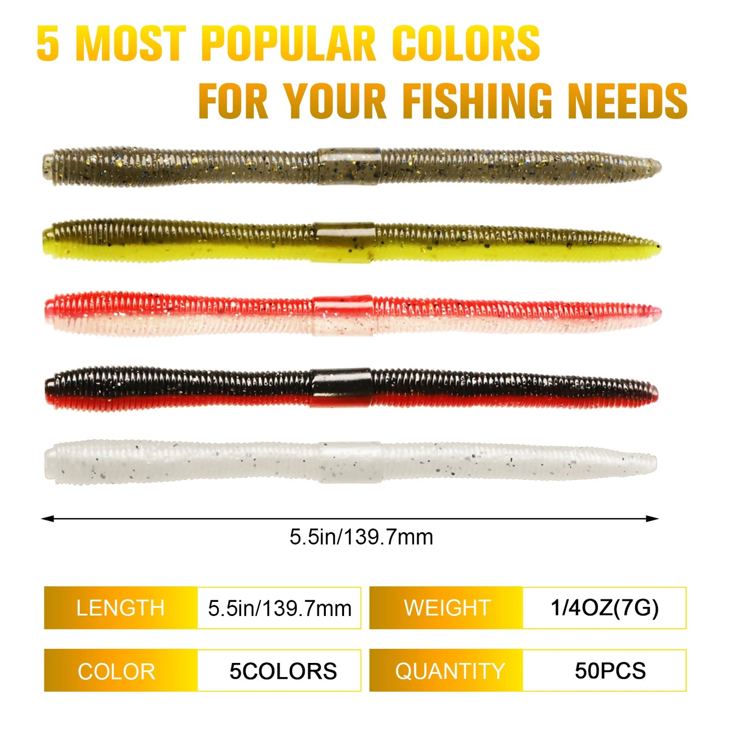 Dovesun 50PCS Wacky Worm for Bass, Trout/ Fishing Worm Kit with Soft Plastic Baits