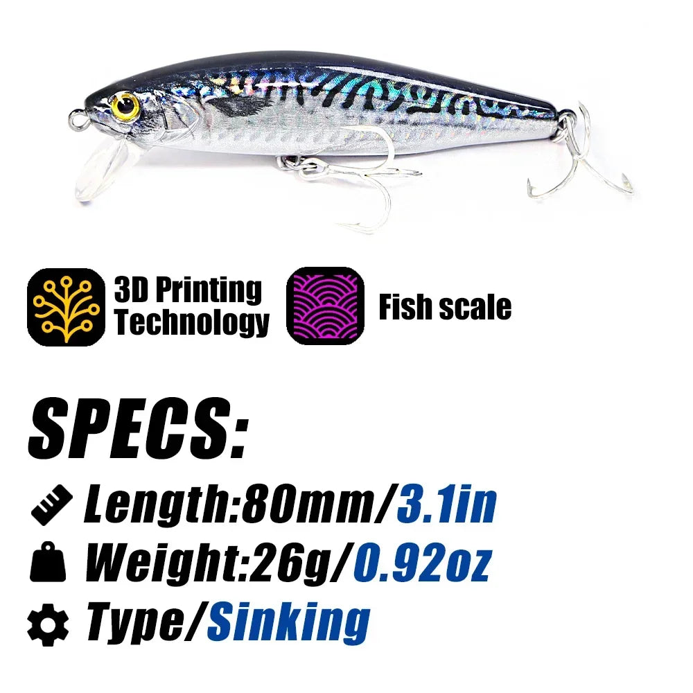 B&U 80mm Sinking Minnow/ Jerkbait/ Saltwater/ Long Casting- Sea Bass and Other Large PREDATORS