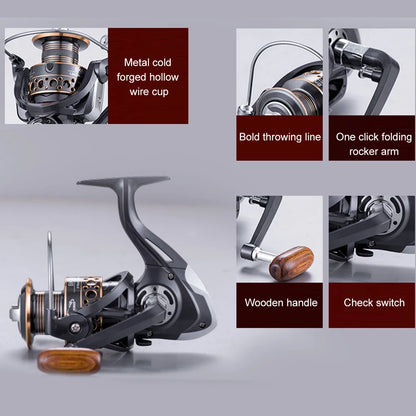 Spinning Reels Saltwater Freshwater with Wood Handle, Max Drag Power