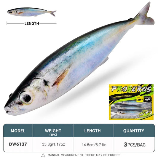 3PCS 14.5cm 33g Mackerel , Soft Bait,  Weightless Wacky & Neko Rig for Saltwater- Slow Sinking Fluke for Sea Bass, Tuna