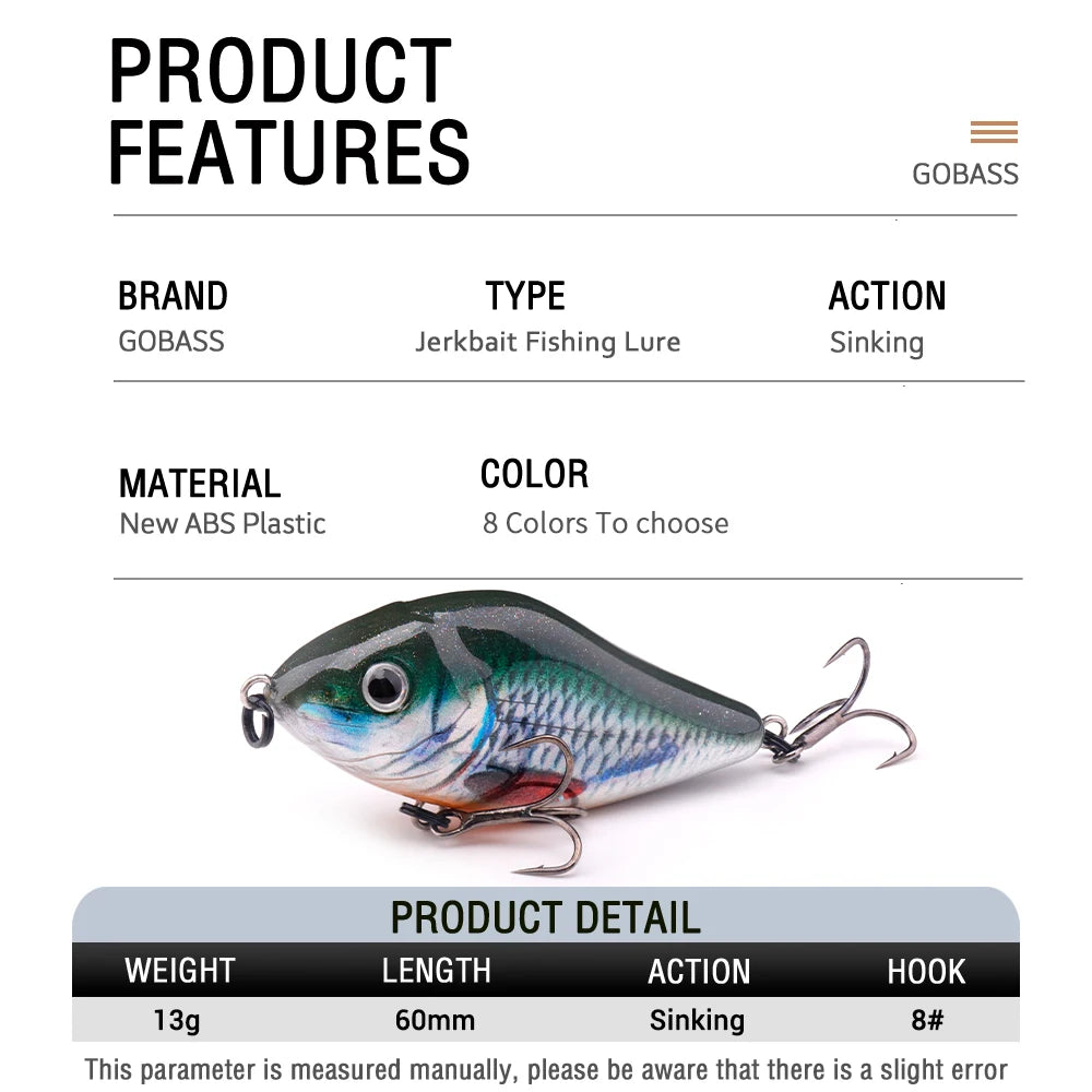 GOBASS Sinking Jerkbait- VIB Lure 60mm 13g Rattlin' Lipless Crankbait/ for BASS, PIKE, WALLEYE, TROUT, SALMON- INSHORE GAMEFISH