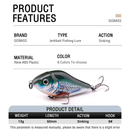 GOBASS Sinking Jerkbait- VIB Lure 60mm 13g Rattlin' Lipless Crankbait/ for BASS, PIKE, WALLEYE, TROUT, SALMON- INSHORE GAMEFISH