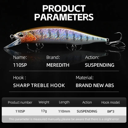 MEREDITH 110SP 17g Suspending Minnow Fishing Lures Saltwater Freshwater Long Casting, Jerkbait