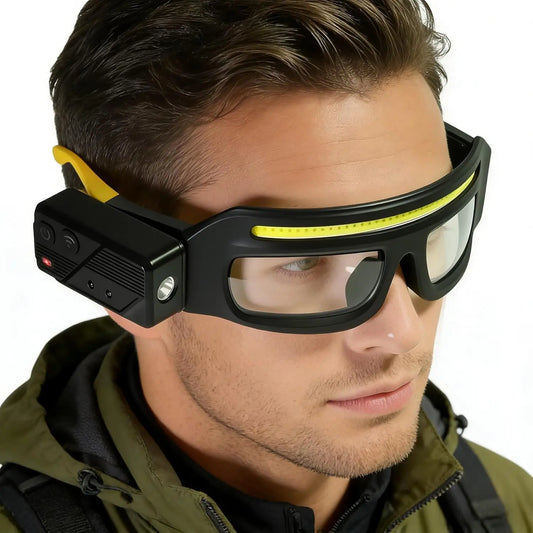 LED glasses, rechargeable headlamp glasses with motion sensors and touch controls, suitable for running, camping, fishing.