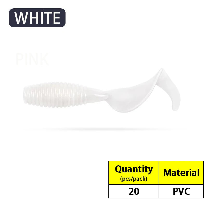 20PCS Silicone Grub 35mm 50mm 60mm 70mm Soft Lure Single Curly Tail Worm-- Bass, Carp, Trout, Walleye, Pike, and all predators
