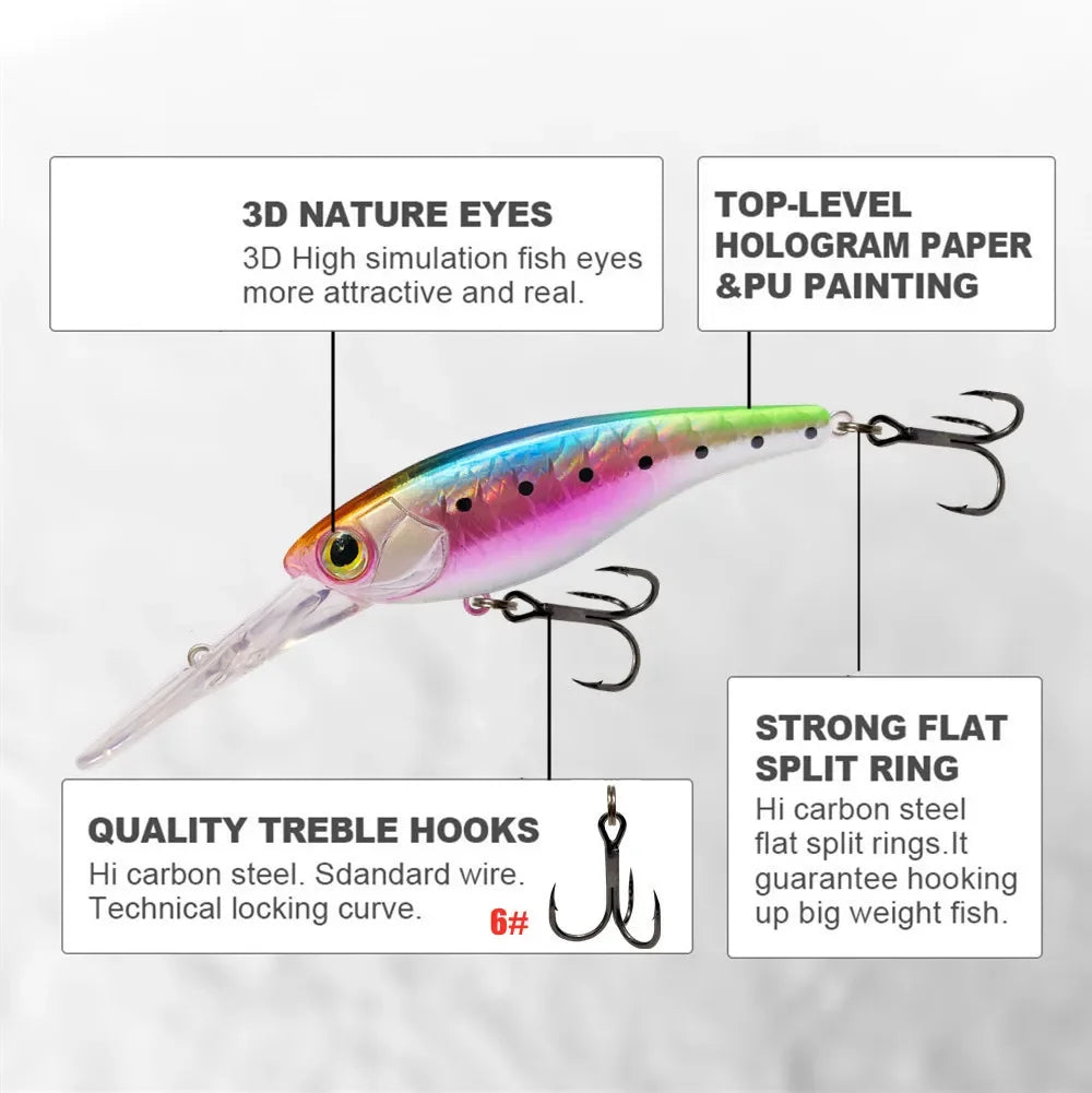 GREENSPIDER Suspending Crankbait-Minnow/ 65mm 10g Shad Hard Bait, Deep Diver, Depth 1.5m / Long Casting
BASS, PIKE, TROUT, WALLEYE, SALMON