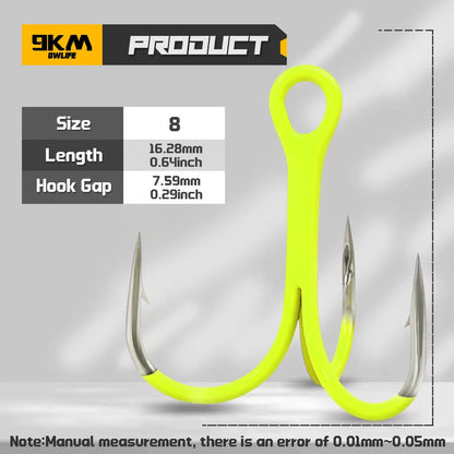 9KM 10Pcs Triple Hook Treble Hooks 2X Strong for Salt or Freshwater Applications, Fluorescent Green Ultra Violet (UV)