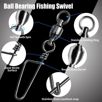 FishTrip Fishing Snap Swivels, Ball Bearing Swivels with Stainless Steel Coastlock Snap- Corrosion Resistant Black Nickel Coating