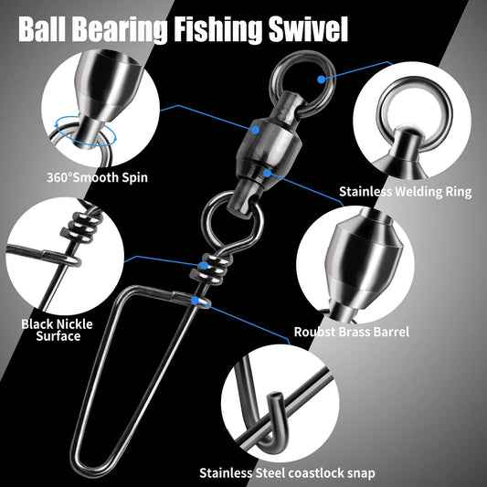 FishTrip Fishing Snap Swivels, Ball Bearing Swivels with Stainless Steel Coastlock Snap- Corrosion Resistant Black Nickel Coating